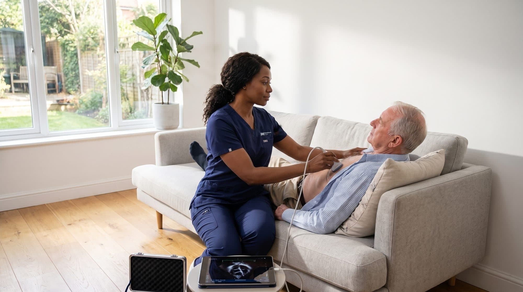 A Hawthorne nurse performing an echocardiogram at a patient’s home