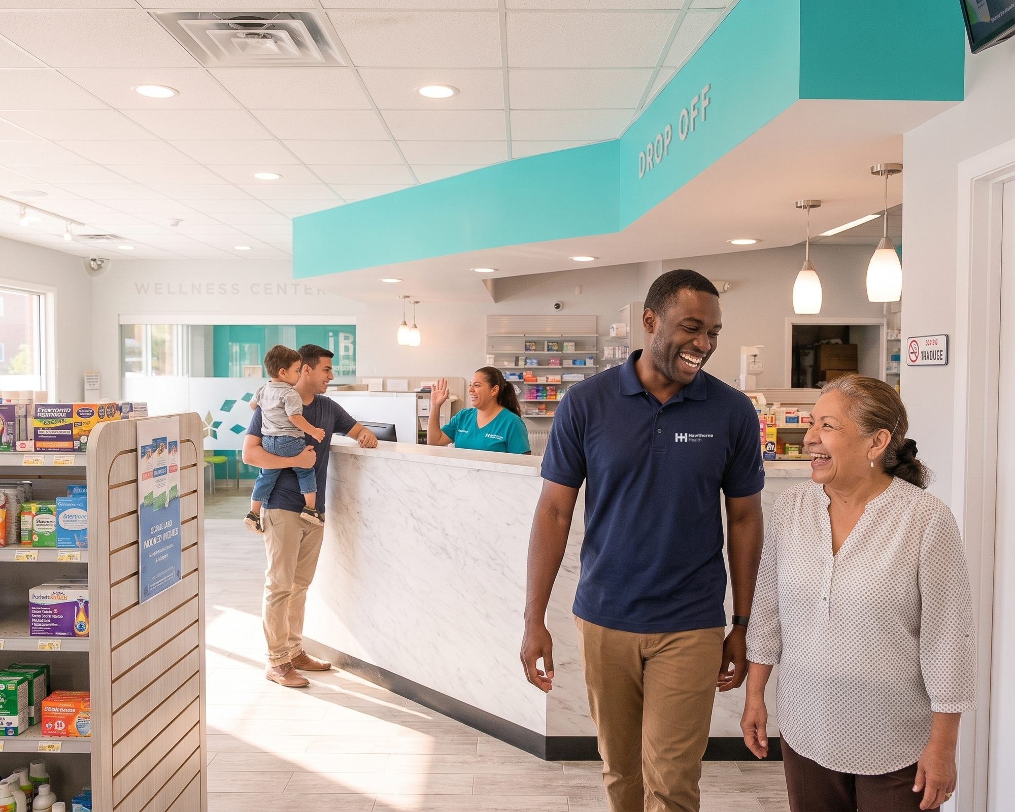 Hawthorne coordinator walking a patient through Bienestar Pharmacy