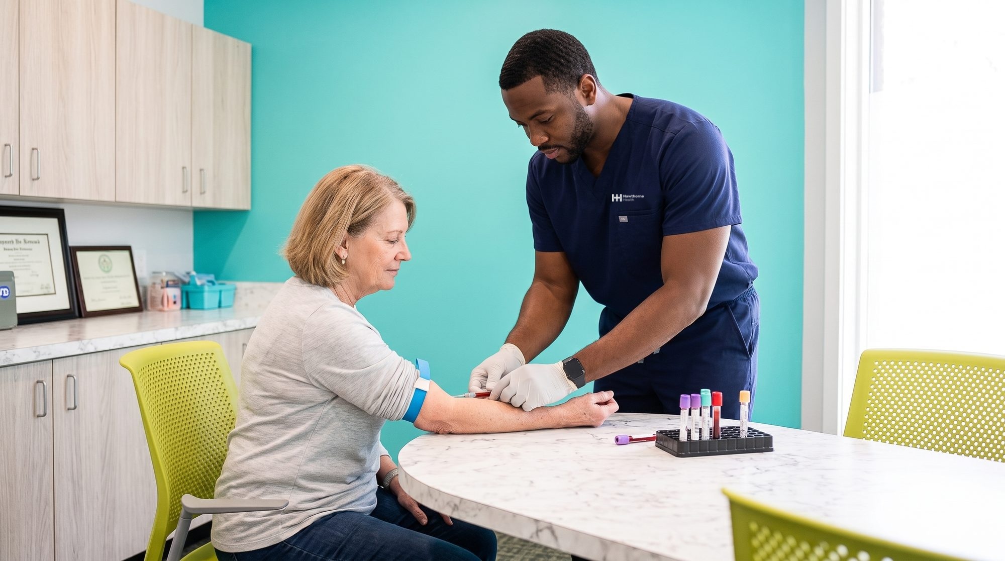 A Hawthorne nurse drawing blood from a seated patient in the clinic room