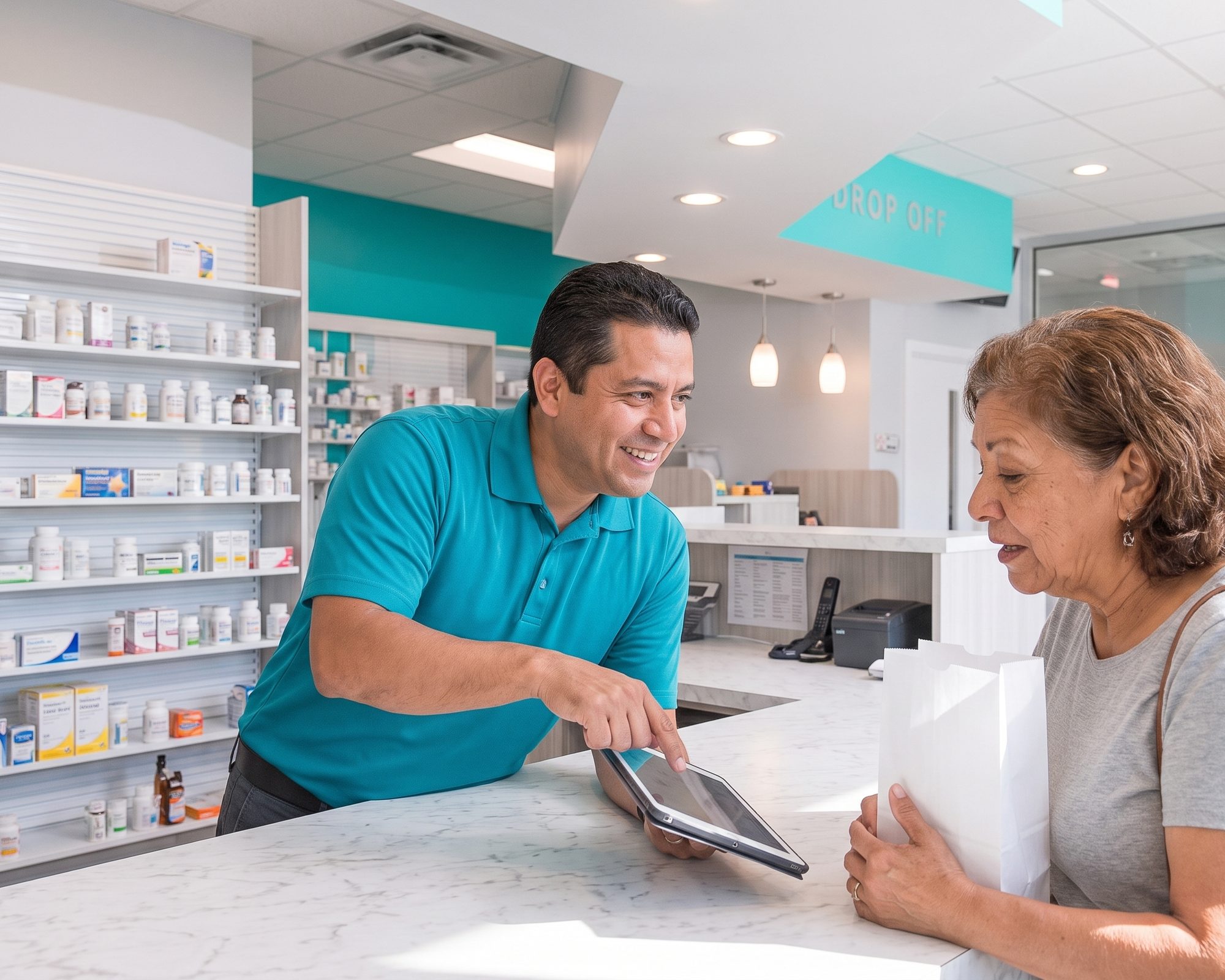 Farmacéutico mostrando información de un estudio en una tableta a una clienta en el mostrador