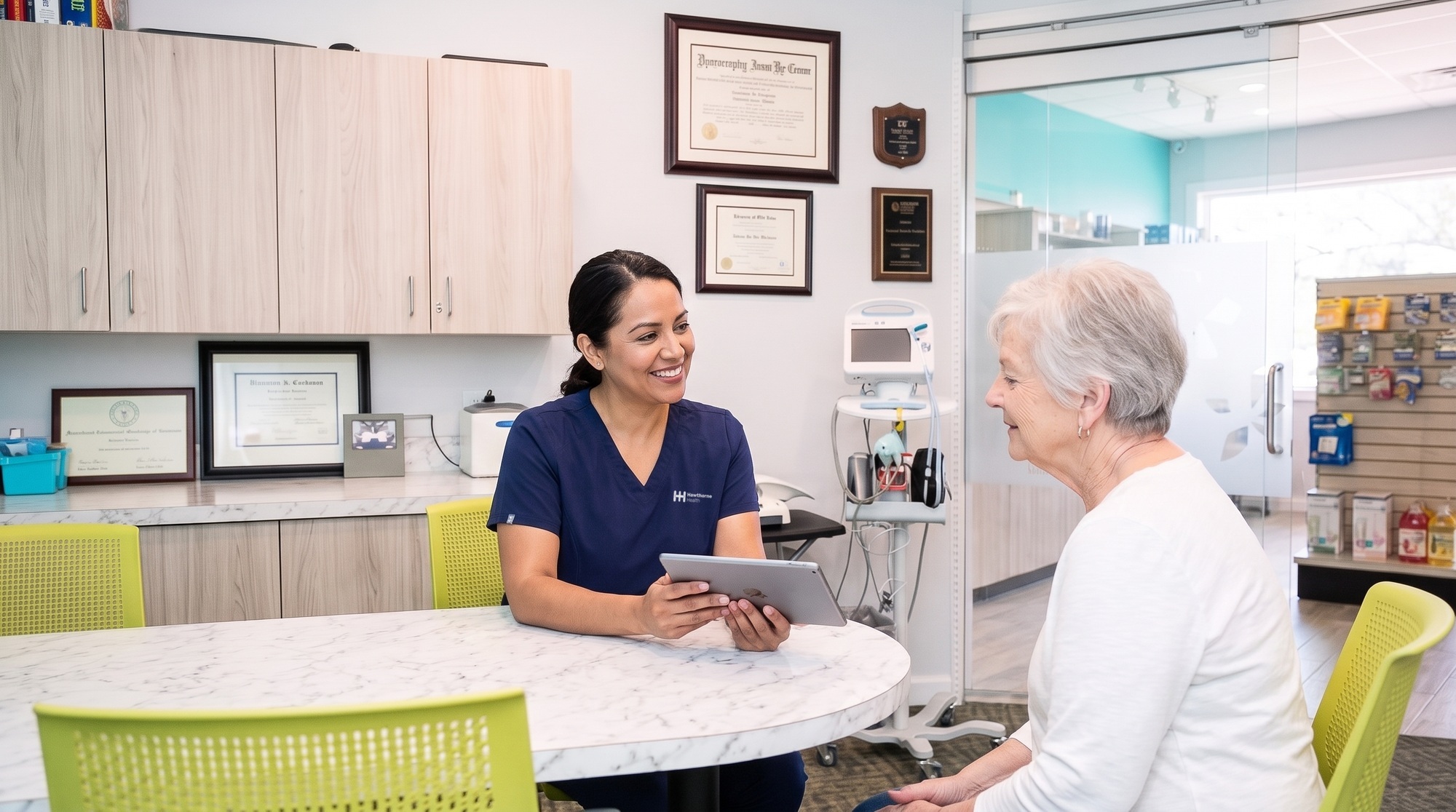 Research nurse and patient talking at the consultation room table