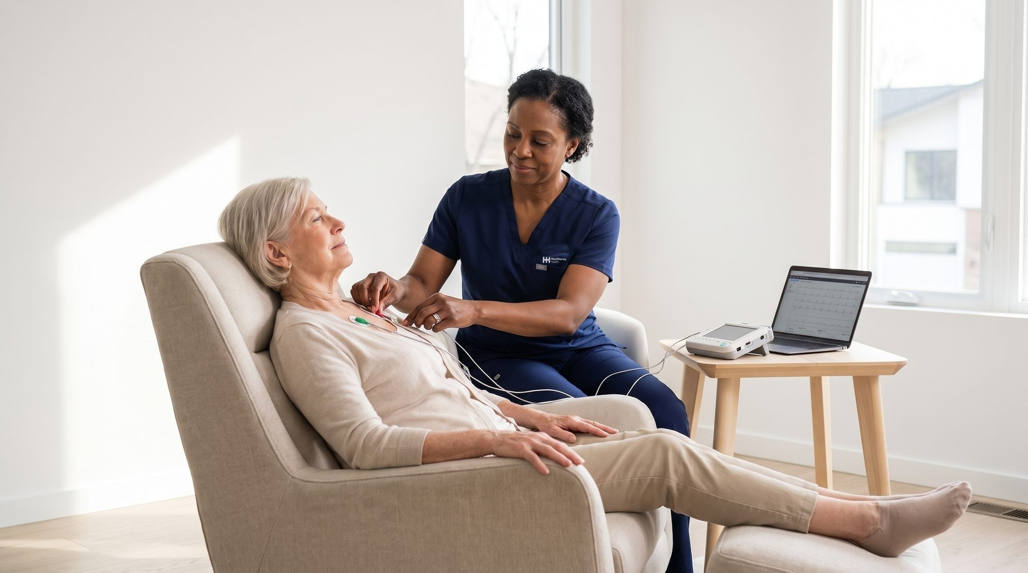 Hawthorne nurse attaching ECG leads to a patient in her living room