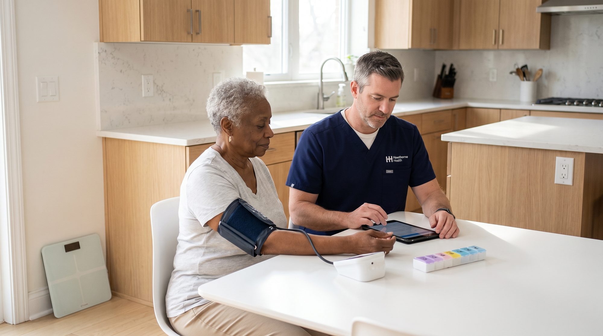 Nurse taking a blood pressure reading at a patient's kitchen table
