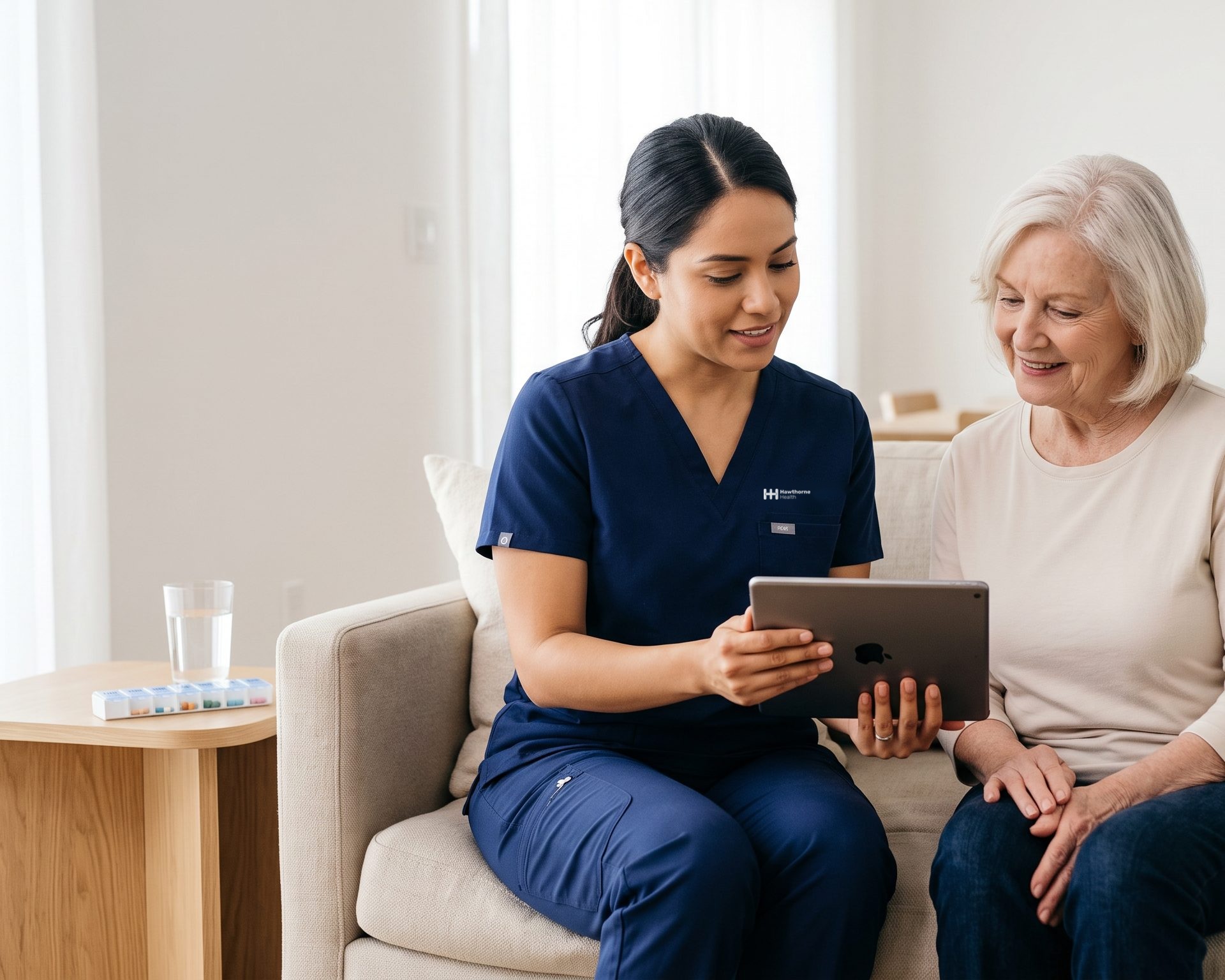 Hawthorne nurse conducting a study visit with a patient in her living room