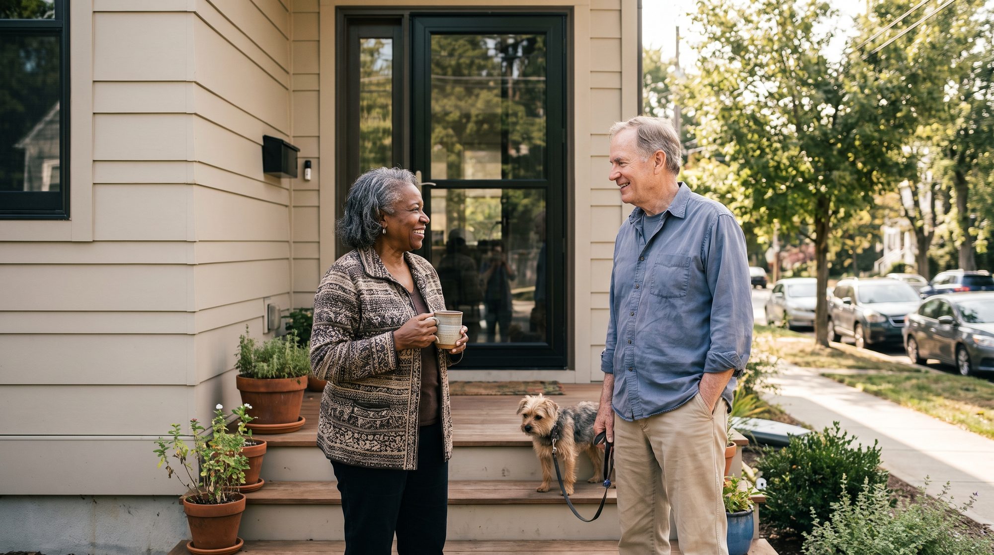 Two neighbors talking outside a community pharmacy