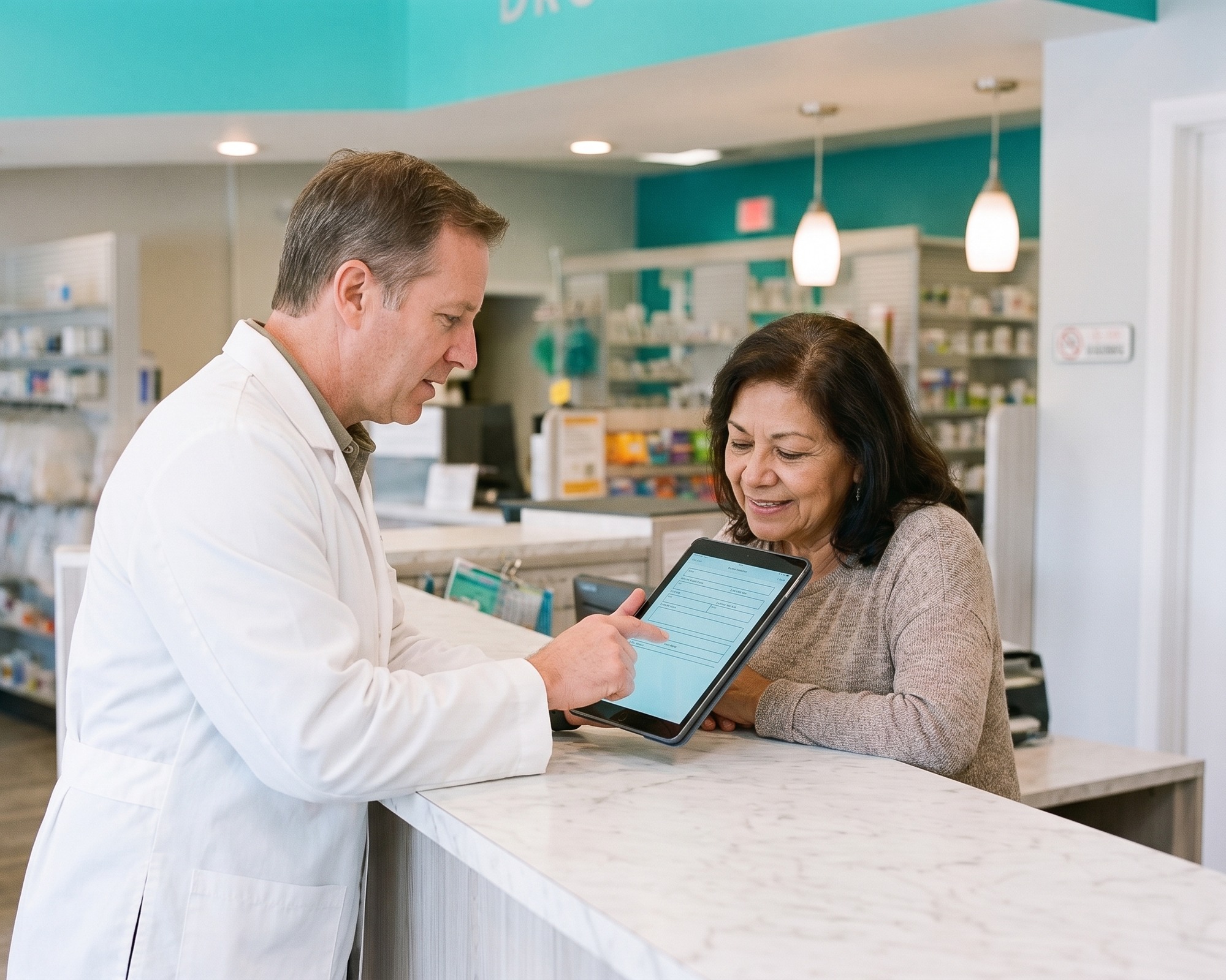 Pharmacist showing a customer study information on a tablet at the counter