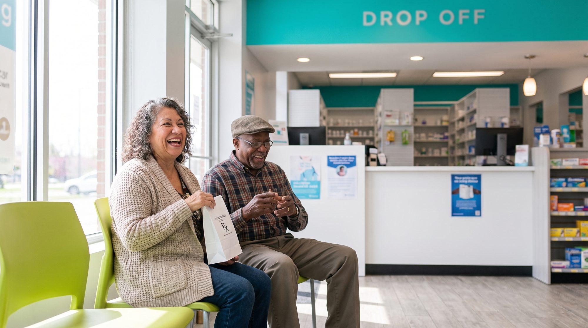 Two longtime customers laughing together in the pharmacy waiting chairs