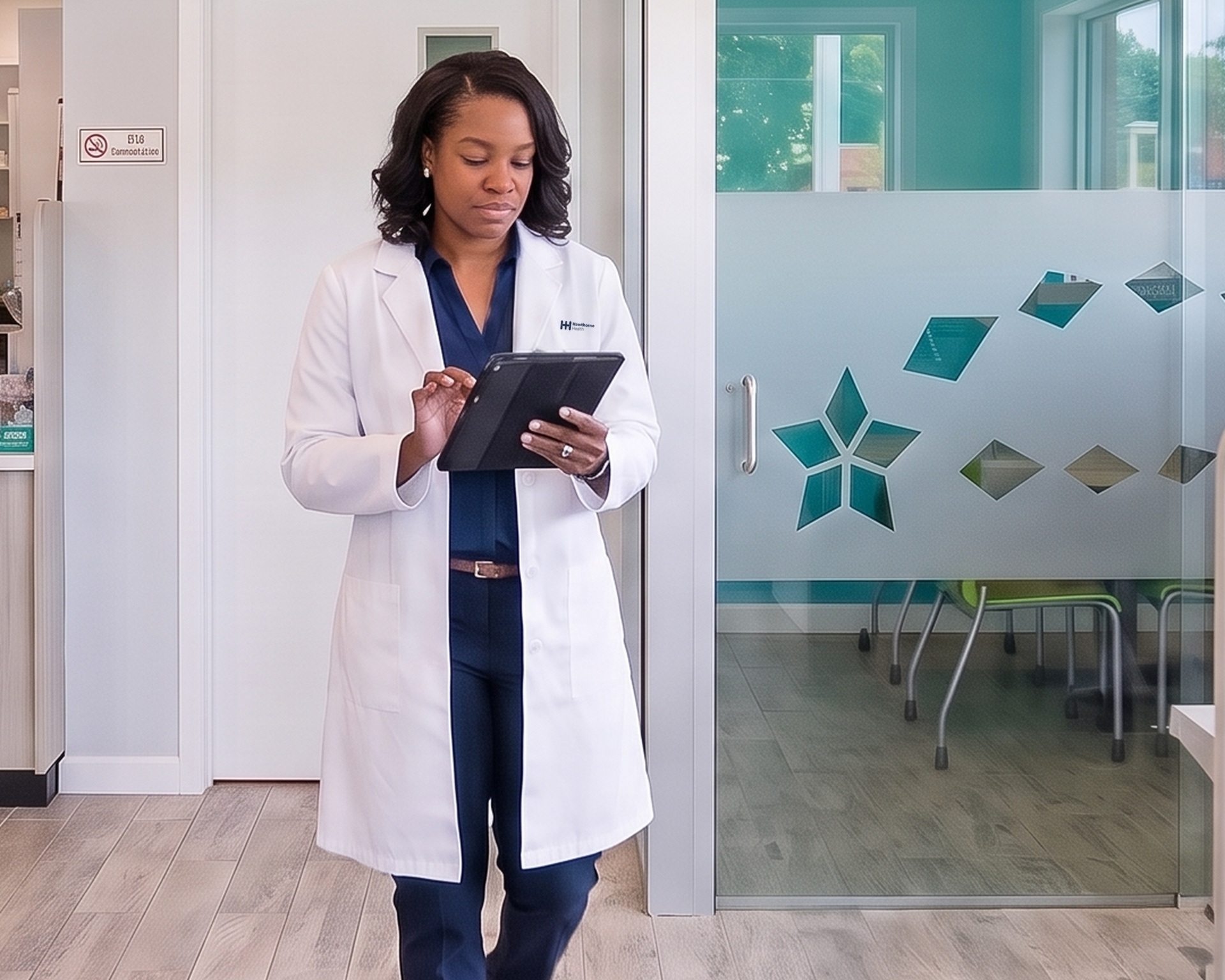 Physician investigator walking through a community pharmacy site with a tablet