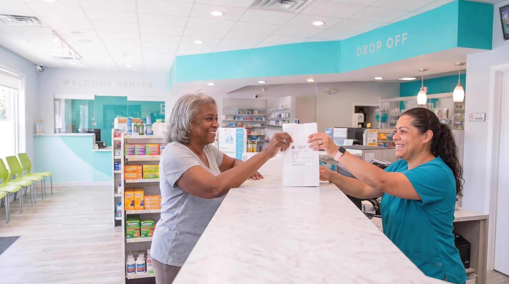 Pharmacy technician handing a customer her order across the Bienestar pharmacy counter