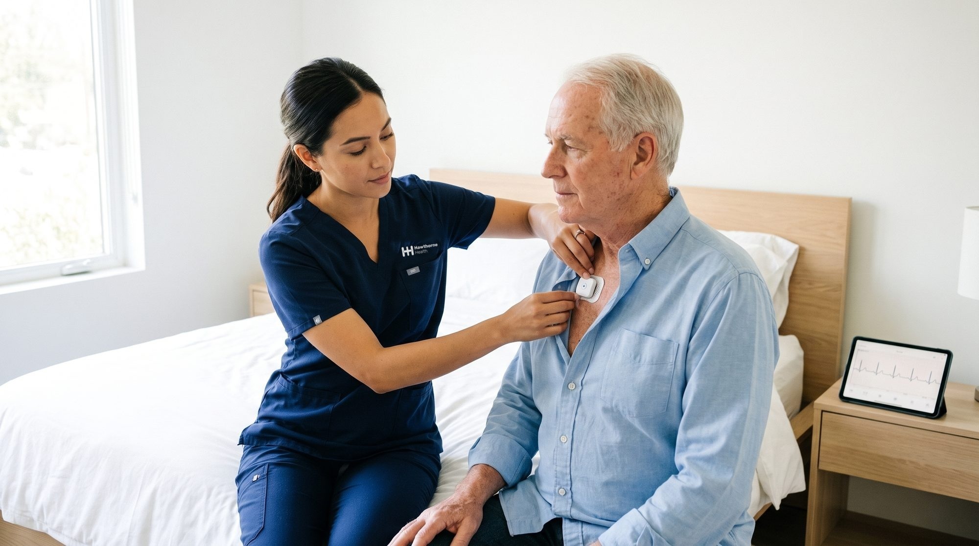 Nurse fitting a wearable heart monitor at a patient's home