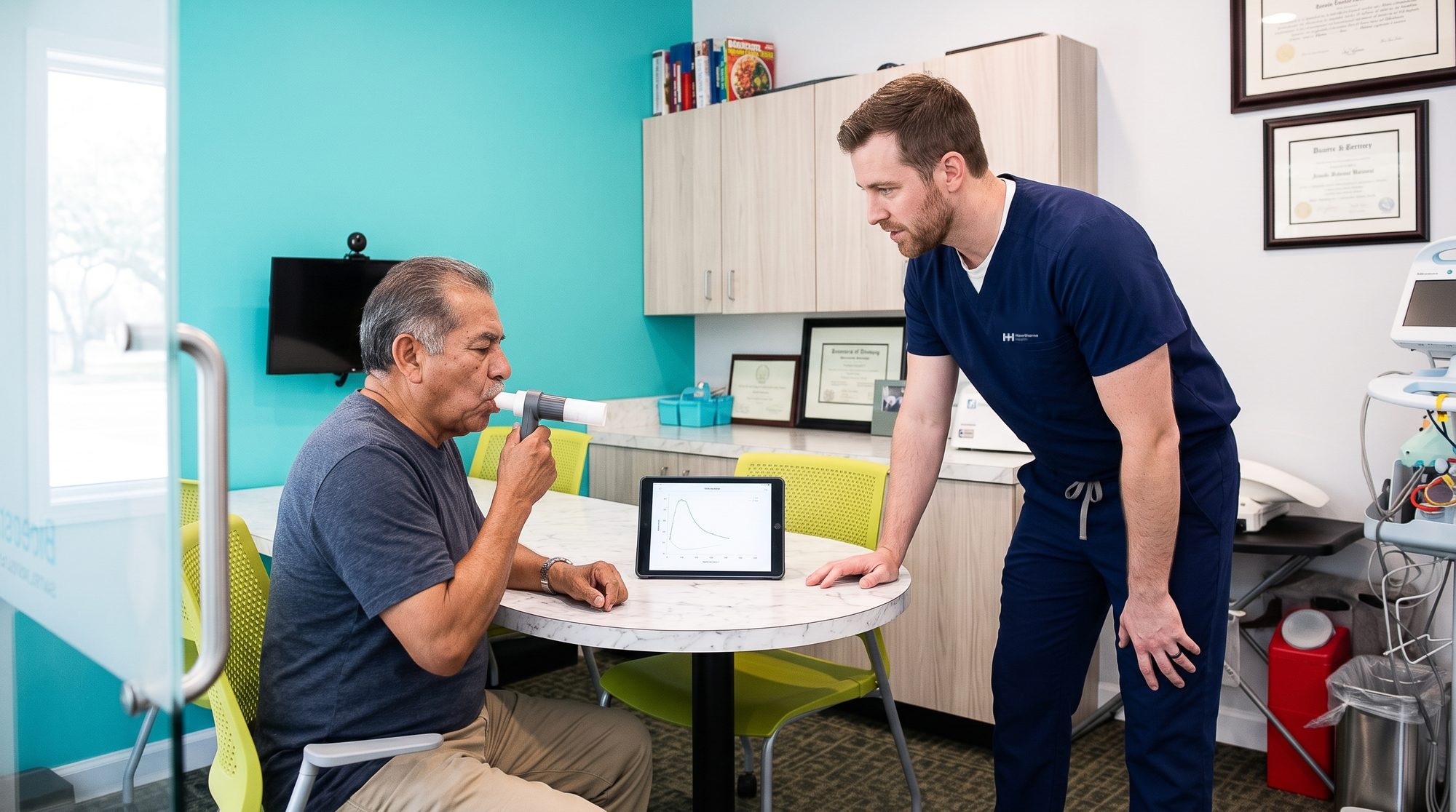 Patient using a spirometer in the pharmacy consultation room while a nurse coaches him