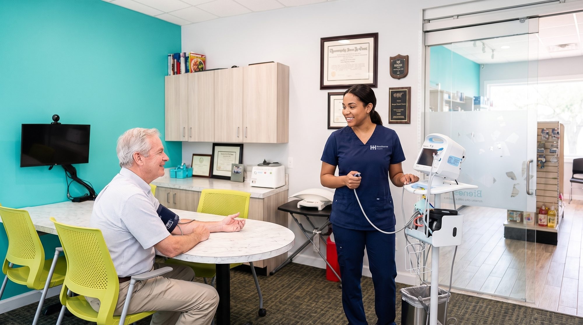 Research nurse checking a patient's blood pressure in the pharmacy consultation room
