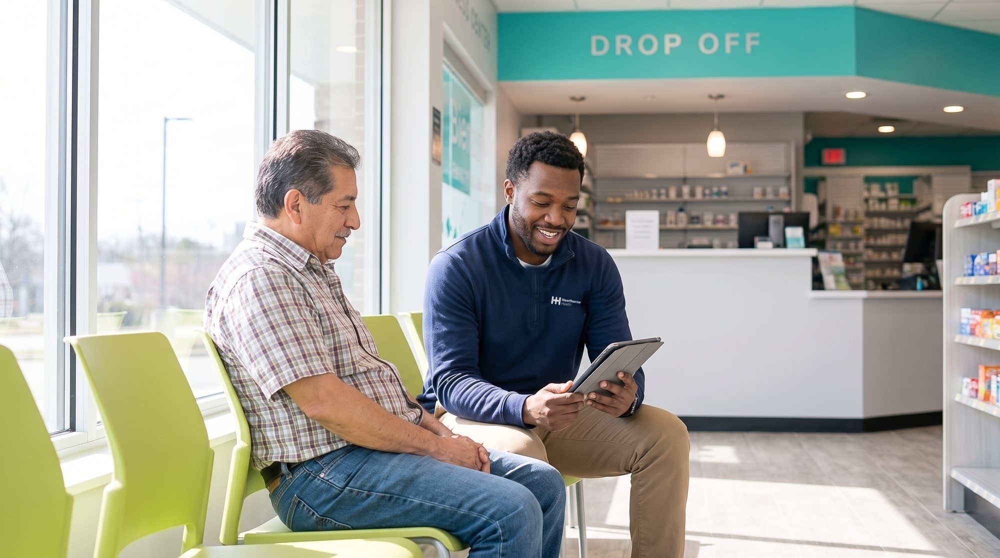 Hawthorne coordinator talking with a customer in the pharmacy waiting area